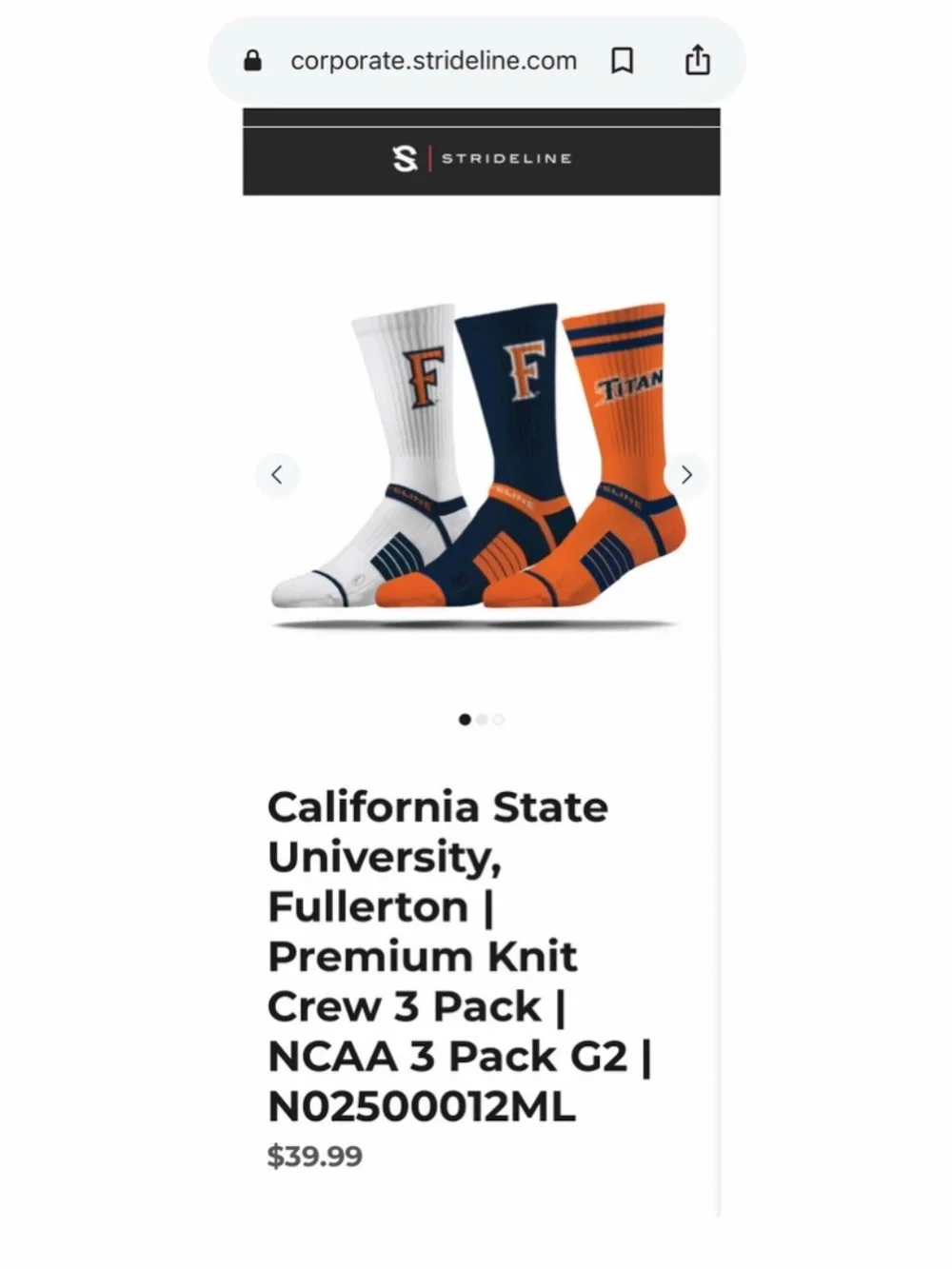 $40 Retail NIB Strideline 3-Pack Crew Socks California State Univ Fullerton